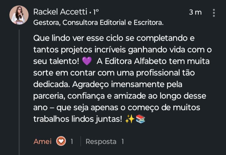 Depoimento LinkedIn - Consultora Editorial elogiando projetos